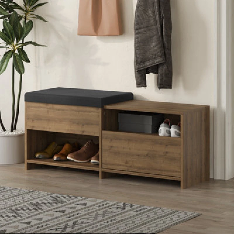 Image of Decortie Modern Filux Shoe Bench Rack Dark Oak Effect Sliding Fabric Seat And 120.3(W) Storage Cabinet 2-Tier Open Shelves Hallway