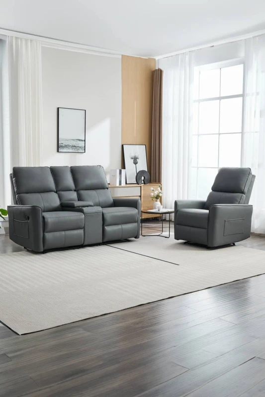Image of More4Homes Madrid 1+2 Seater W Console Manual Air Leather Recliner Sofa Set Grey
