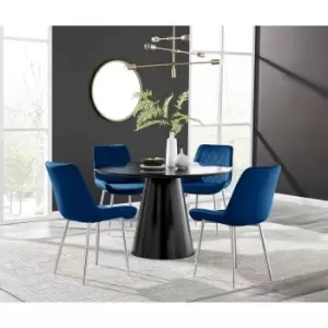 Image of Furniture Box Palma Black Semi Gloss Round Dining Table and 4 Navy Pesaro Silver Leg Chairs