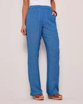 image of Cotton Traders Womens Pull-On Printed Crinkle Trousers in Blue