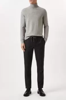Image of Mens Slim Fit Charcoal Pinstripe Drawstring Trousers