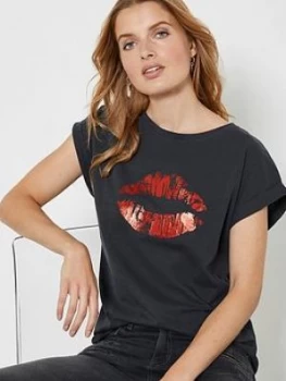 Image of Mint Velvet Lips Print T-Shirt - Grey, Size XS, Women