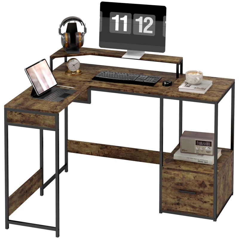 Image of HOMCOM L Shaped Desk, Computer Table with Liftable Desktop Brown