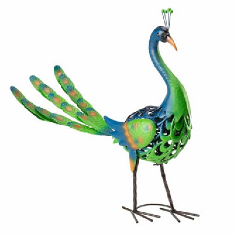 Image of Garden Gear Metal Peacock Ornament, Bird Statue, Outdoor Painted Sculpture For Pathways, Patios & Borders, Height 58Cm