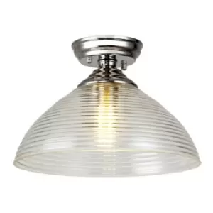 image of Luminosa Talisa Flush Ceiling Lamp E27 With Round 33.5cm Prismatic Effect Glass Shade Polished Nickel, Clear