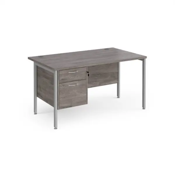 image of Maestro 25 straight desk 1400mm x 800mm with 2 drawer pedestal - silver H-frame leg, grey oak top