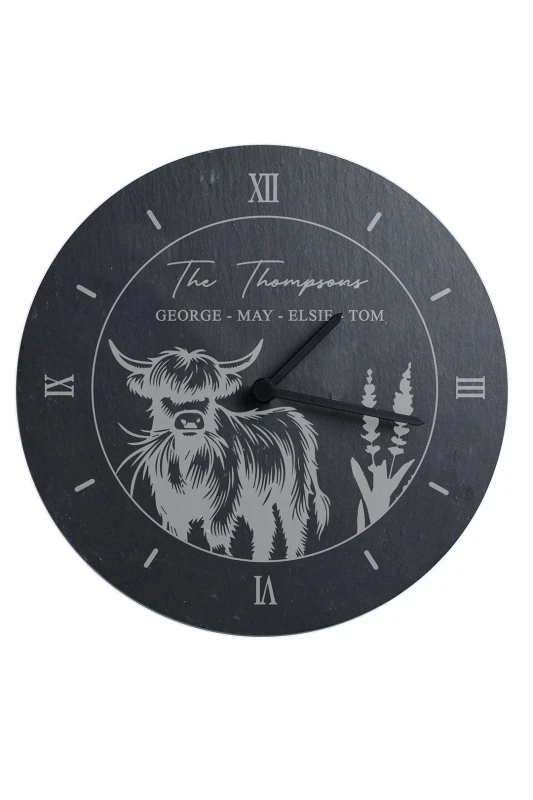 Image of Personalised Memento Company Personalised Highland Cow Slate Clock Black