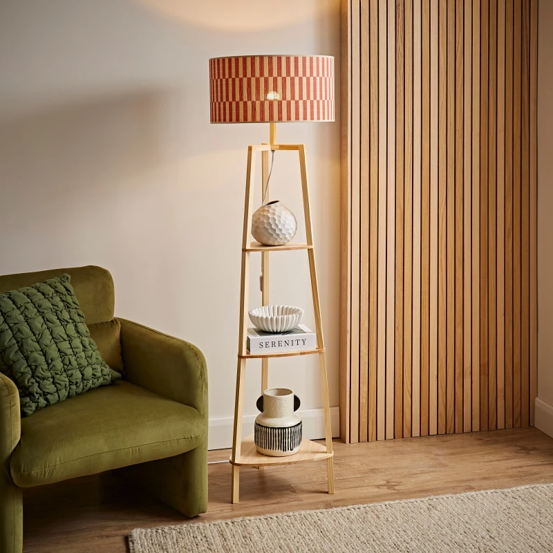 Image of ValueLights ValueLights Hiru Shelved Tripod Floor Lamp with Orange Checker Bamboo Lamp Shade Orange One Size Unisex 5059406067662