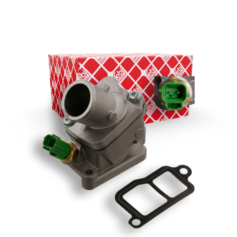 Image of FEBI BILSTEIN 34850 Engine thermostat Opening Temperature: 90°C, with gasket/seal, with housing, with sensor Cast Aluminium Thermostat,coolant (316)