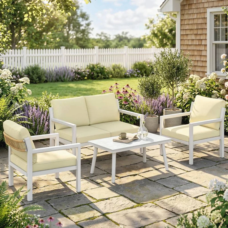 Image of OUTSUNNY Rattan Garden Furniture Set, Outdoor Furniture Conversation Set in Cream Size: 120 Cream Unisex 120
