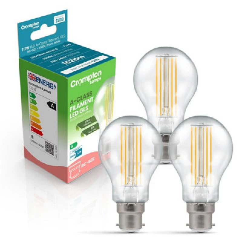 Image of Crompton Lamps LED Ultra-Efficient GLS 7.2W B22 A-Class Warm White Clear (100W Eqv)