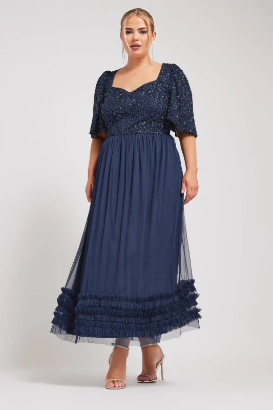 Image of Yours Sequin Sweetheart Ruffle Maxi Dress Blue