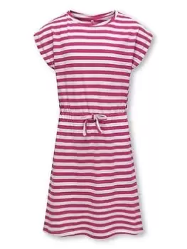 Image of Only Kids Girls May Short Sleeve Stripe Jersey Dress - Very Berry/Cloud Dancer, Dark Pink, Size 13-14 Years, Women