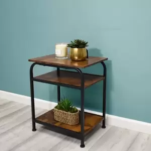 Image of Rustic Wood Effect 3 Tier Side or End Table. Black Metal Frame.Home Office Table - Brown