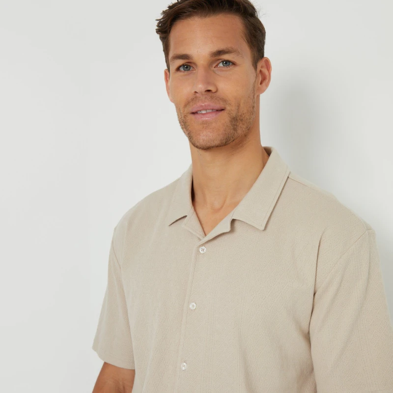 Image of Threadbare Revere Collar Textured Short Sleeve Cotton Shirt W - Beige Beige M