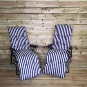 Pack of Two Padded Outdoor Garden Patio Recliners / Sun Loungers with Blue Stripes