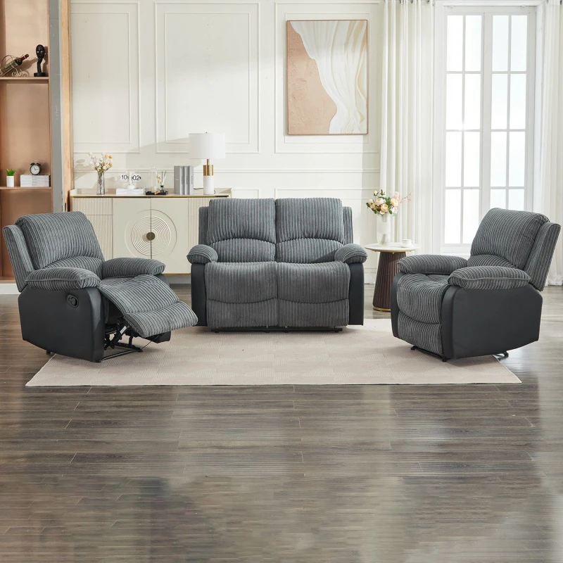 Image of FURNITURE ONE Manual Reclining Sofa Set, Corduroy Fabric Sofa Suite - 1+1+2 Sofa Set in Grey Size: 1 Pack Grey Unisex 1 Pack