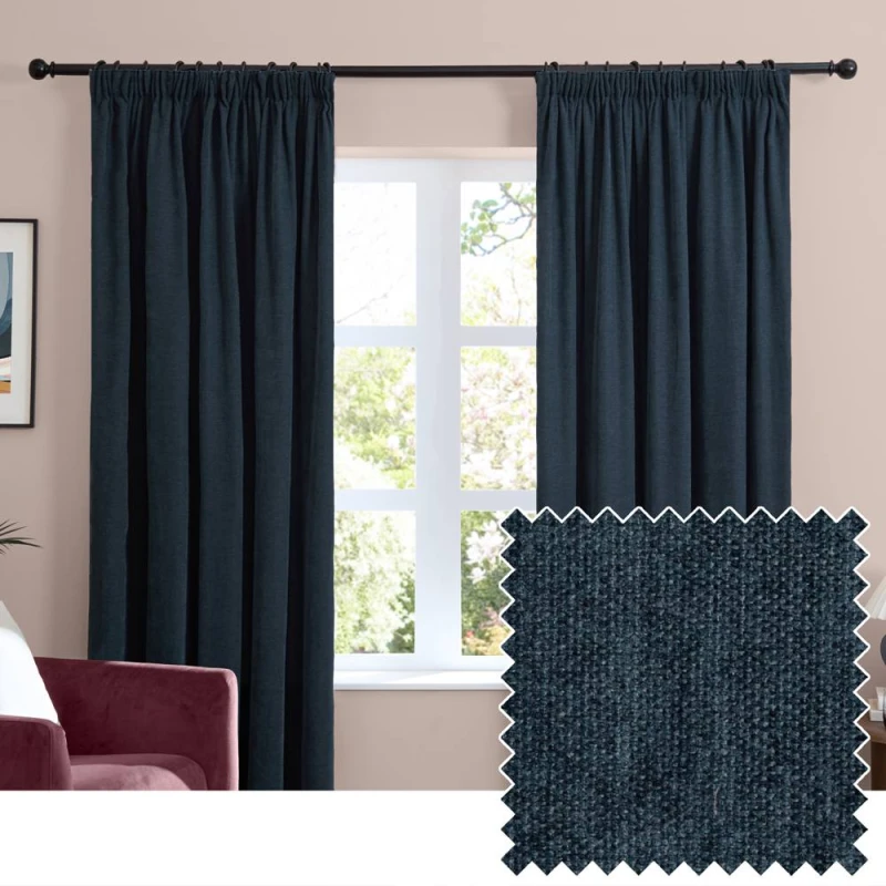 Image of Furn Soft Chenille Blackout Pencil Pleat Curtain Pair in Navy Size: 229cm width x 229cm drop Navy Unisex 229cm width x 229cm drop