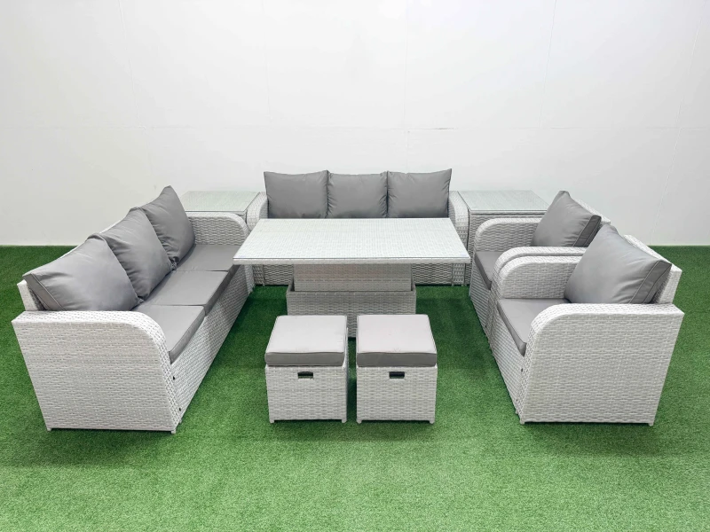Image of Fimous PE Rattan High Back Lounge Sofa Set Patio Adjustable Lifting Dining or Coffee Table & Chairs Set with 3 Seater Sofa Reclining Chair Stools 2 Si