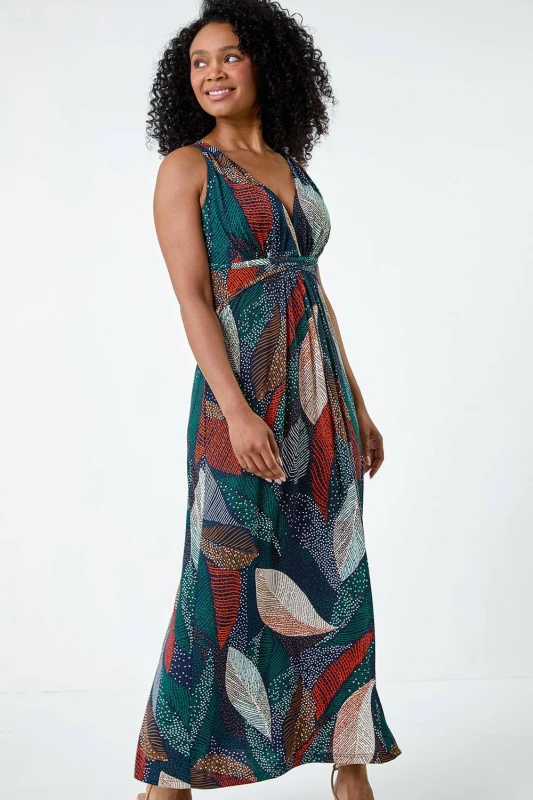 Image of Roman Womens Petite Leaf Print Stretch Maxi Dress Size: 16 Multicolor Female 16