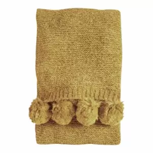 Image of Crossland Grove Knitted Pom Pom Chenille Throw Ochre 1300x1700mm