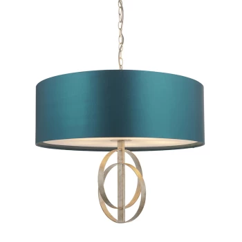 image of Trento 5 Light Ceiling Pendant Antique Silver Leaf & Teal Satin Fabric