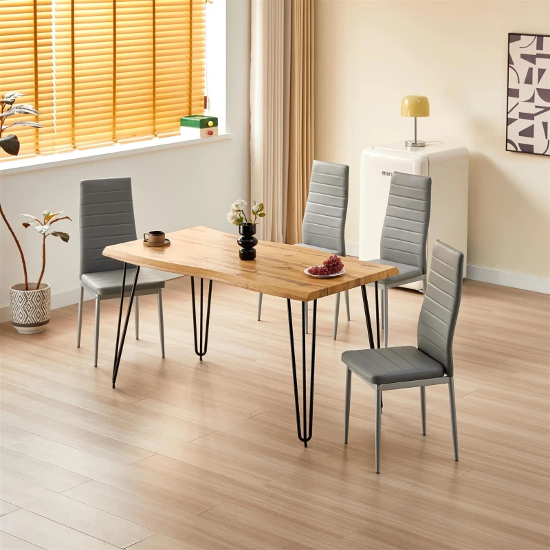 Image of KOSY KOALA Brown Wooden Dining Table Hairpin Legs with 4 Black Leather Chairs Brown Unisex