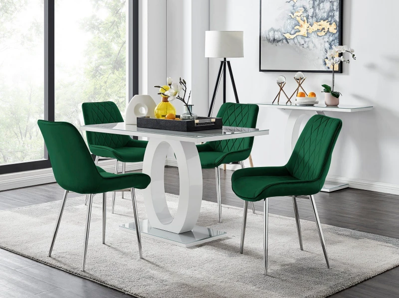 Image of FurnitureboxUK FurnitureboxUK Giovani 4 Grey Dining Table & 4 Pesaro Silver Leg Chairs in Green Green One Size Unisex 5056542650499