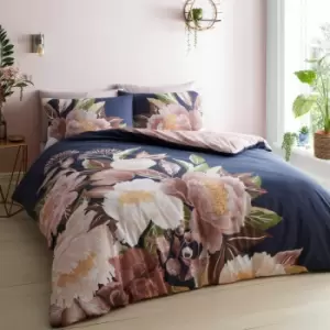 image of Catherine Lansfield Opulent Floral Reversible Easy Care Duvet Cover Set, Navy, King