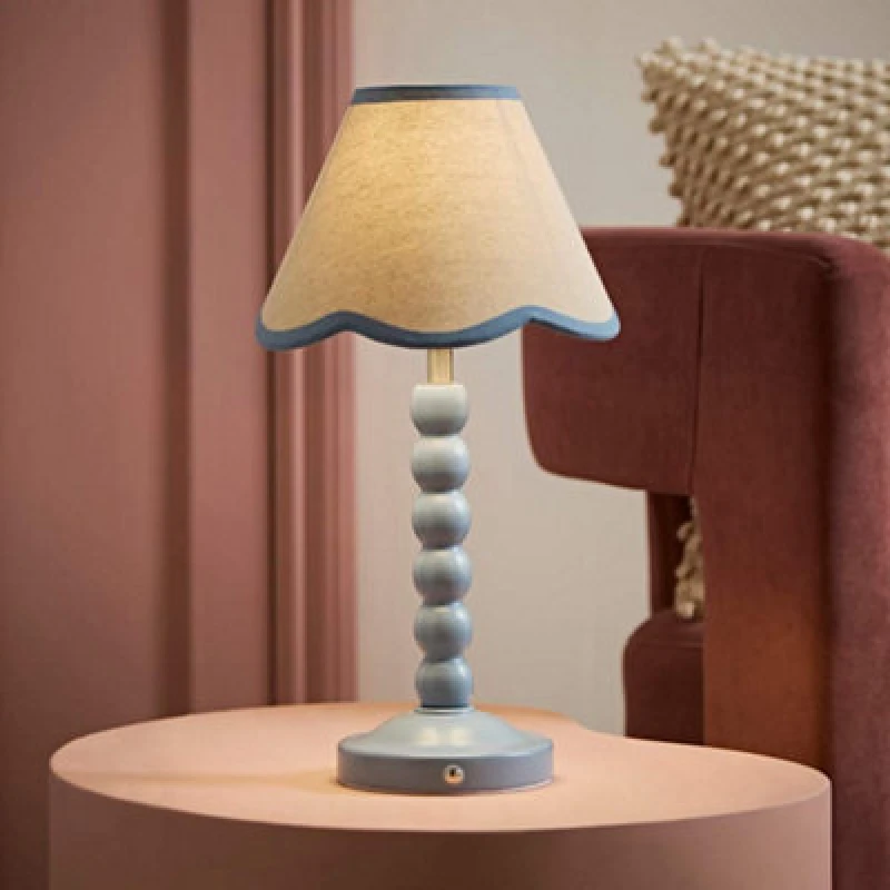 Image of Valuelights Bobble Blue Scallop Trim Shade Blue Rechargeable Wooden Table Lamp