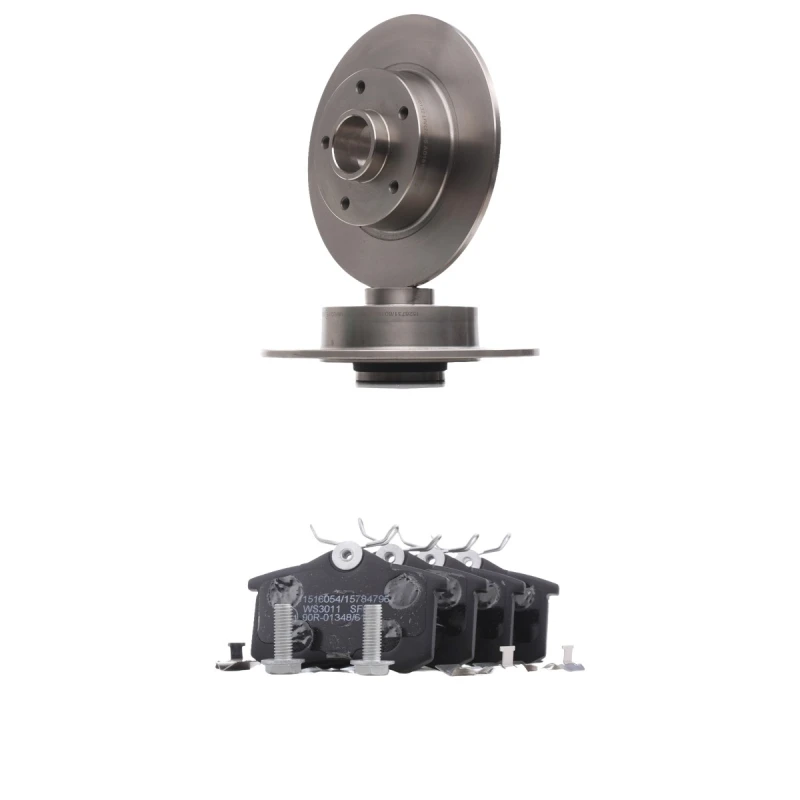 Image of RIDEX 3405B1848 Brake disc and pads set Rear Axle, Brake Disc Type: Solid, not prepared for wear warning indicator, without integrated magnetic sensor