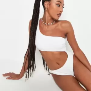 image of Missguided Rib One Shoulder Cut Out Swimsuit - White