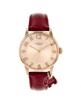 Radley Liverpool Street Blush Sunray Dog Charm Dial Dark Red Leather Strap Ladies Watch