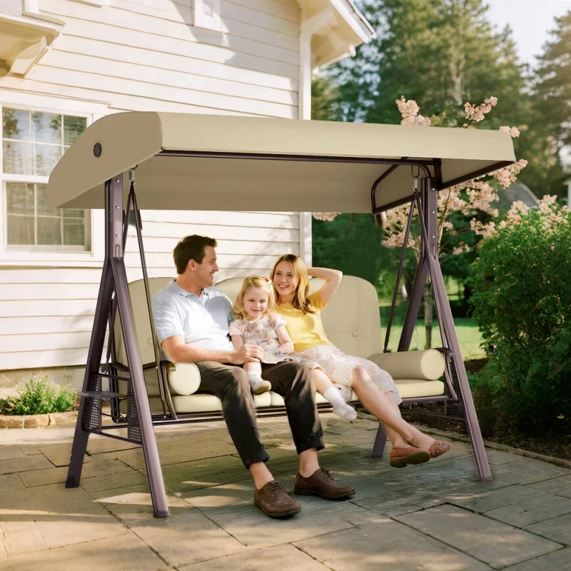 Image of OUTSUNNY 3 Seater Garden Swing Chair Patio Swing Bench w/ Cup Trays Brown Brown Unisex 3 Seater