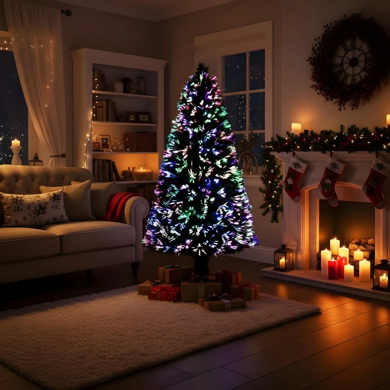 Image of Shatchi 4ft/120cm Multicolour Fibre Optic Christmas Tree LED Pre-Lit in Green Size: 4ft Green Unisex 4ft