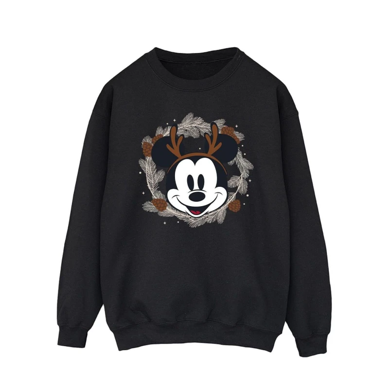Image of Disney Men Mickey Mouse Reindeer Wreath Sweatshirt in Black Size: Small Black S Male 5063376840996