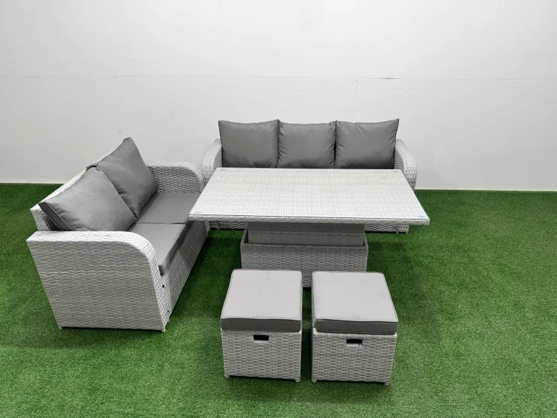 Image of Fimous 7 Seater PE Rattan Wicker Garden Furniture Patio Conservatory Sofa Set with Adjustable Lifting Dining or Coffee Table 3 Seater Sofa Love Sofa 2
