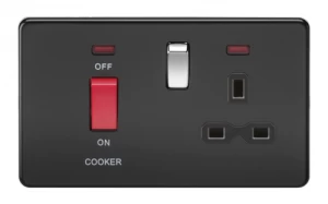 Image of KnightsBridge 2G 45A DP 230V Screwless Matt Black Electric Switch With Neon and Socket