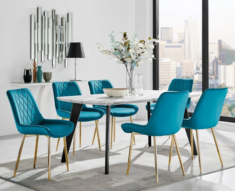 Image of FurnitureboxUK FurnitureboxUK Andria Marble Effect Dining Table With Black Legs & 6 Pesaro Velvet Gold Leg Chairs in Blue Blue One Size Unisex 5056542