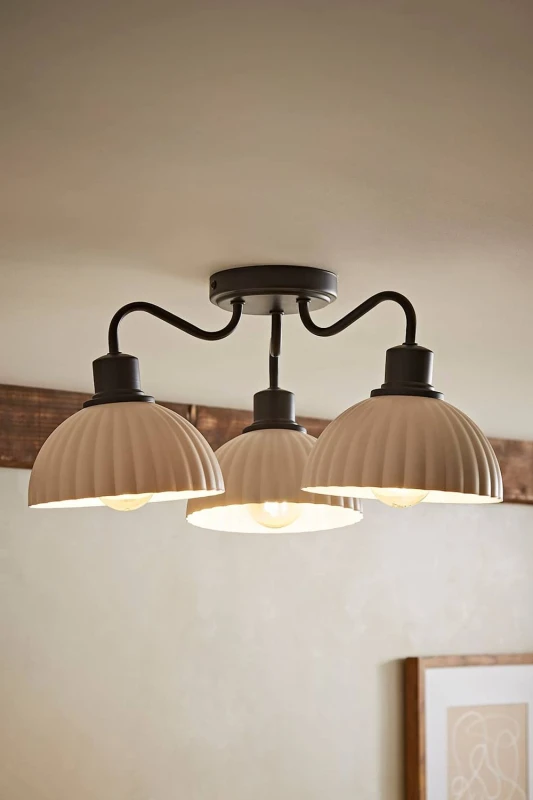 Image of ValueLights Bourton Cream Ribbed Dome 3 Arm Ceiling Pendant Light with Bulbs in Black Unisex