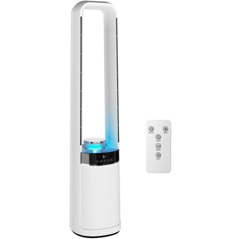 Image of HOMCOM Bladeless Tower Fan with Oscillating, LED Lights, 3 Speeds, White White Unisex