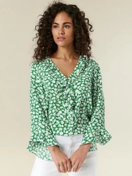 Image of Wallis Floral Print Ruffle Blouse - Green, Size 18, Women