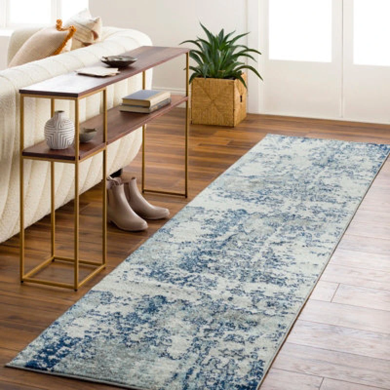 Image of Livabliss Sunderland-Abstract Blue Grey Modern Marble Living Dining Bedroom Rug 80 X 220 Cm Easy Care, Non Shedding