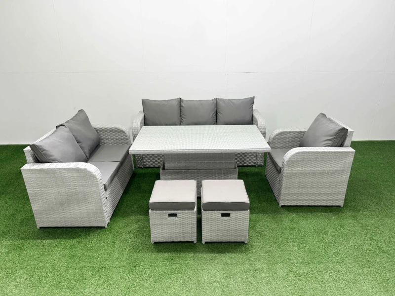 Image of Fimous Patio PE Wicker 8 Seater Outdoor Rattan Furniture Sofa Sets with Adjustable Lifting Dining or Coffee Table Reclining Chair Loveseat Sofa 3 Seat