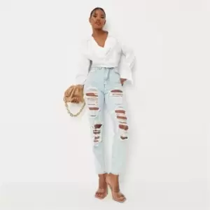 image of Missguided Light Vintage Distress Mom Jeans - Blue