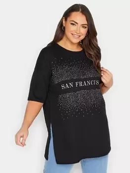 Image of Yours Embellished Slogan T-Shirt - Black, Size 18, Women