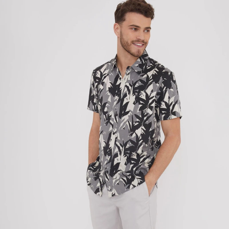 Image of Threadbare Leaf Print Short Sleeve Shirt Black male S