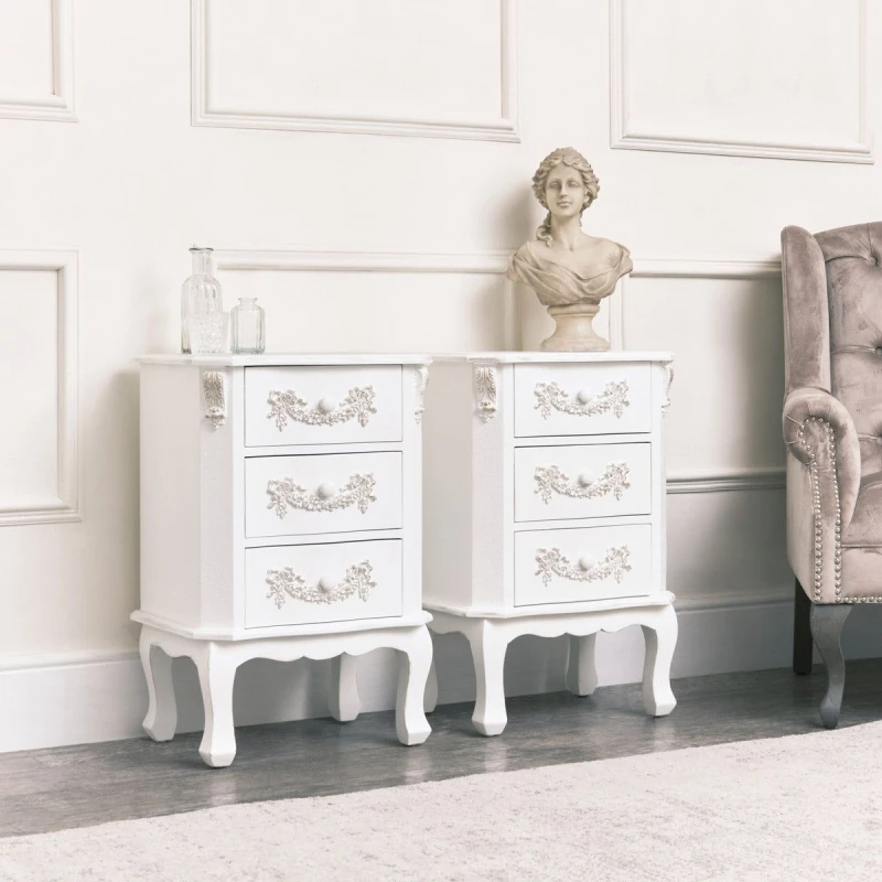 Image of Melody Maison Pair Of Antique White 3 Drawer Bedside Tables - Pays Blanc Range White