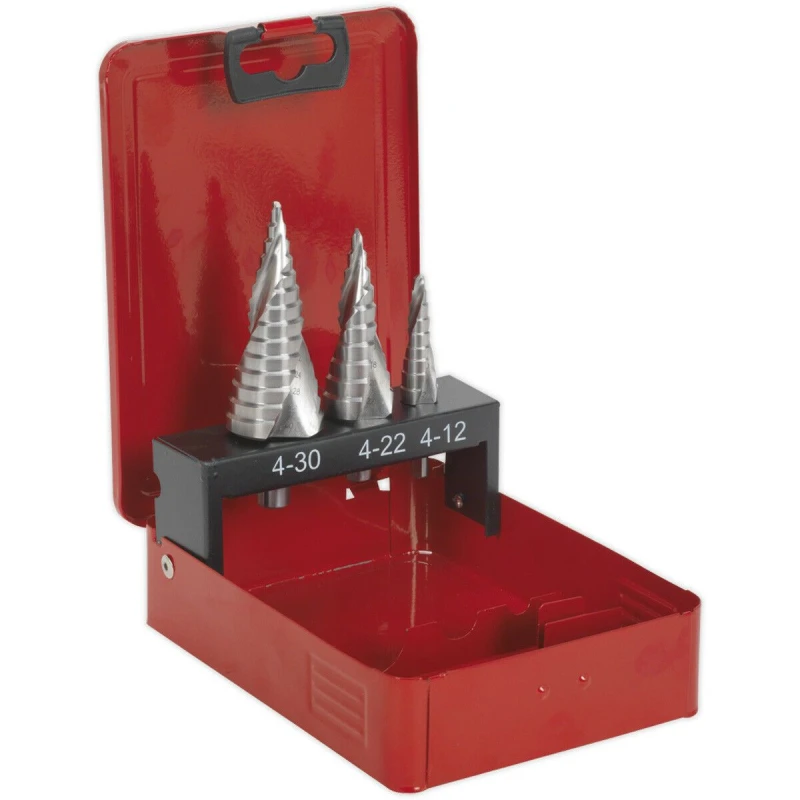 Image of Loops 3 Piece HSS M2 Spiral Flute Step Drill Bit Set - 3 Sizes - Precision Hole Drill Multi