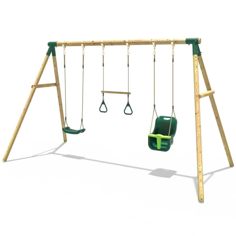 Image of Rebo Wooden Garden Swing Set with Trapeze Bar - Galaxy Green Green